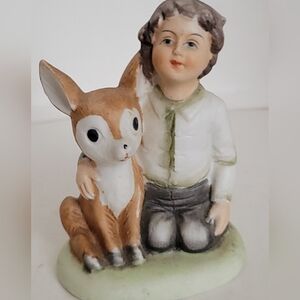 Vintage Norleans  Boy With Baby Deer Animal Ceramic Figurine
